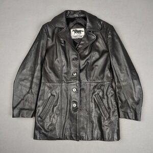 Vintage Trotter Leather Jacket Women *Large Black Button Up Long Coat Heavy GC